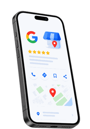Telefon z otwartą wizytówką Google firmy: nazwa, ocena w gwiazdkach, przyciski połączenia i trasy oraz mapa z pinezką lokalizacji.